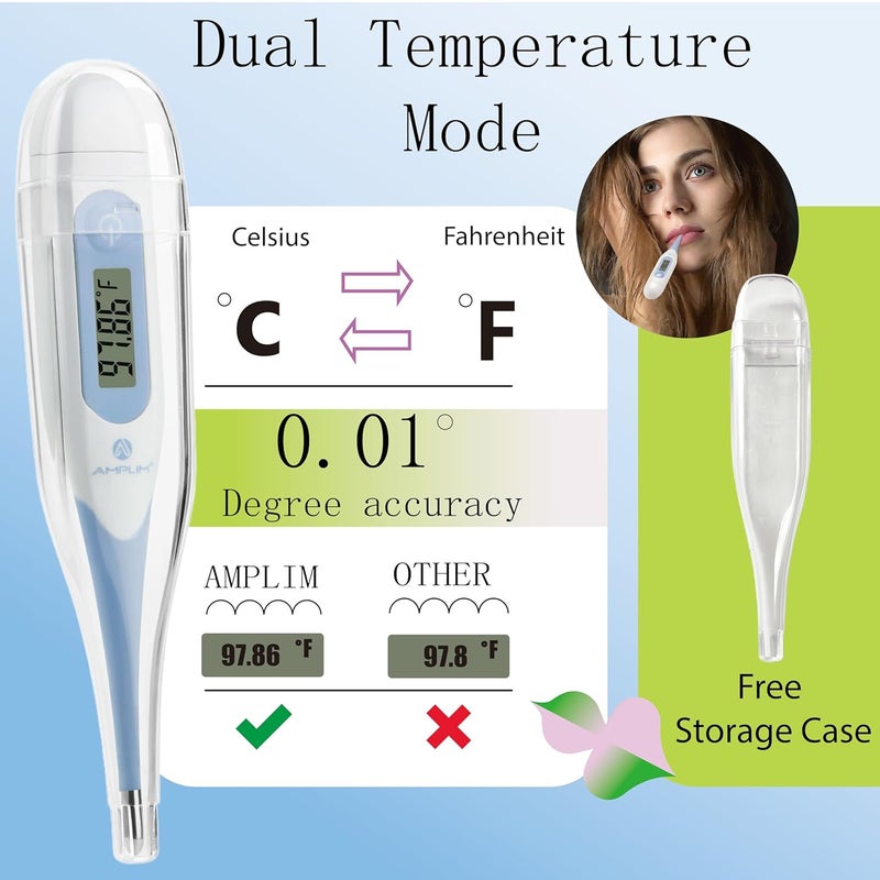 Amplim Digital Basal Thermometer, Medical Grade Accurate BBT for Ovulation Tracking, 1/100th Degree High Precision Fertility Prediction, 60-Sec Read, Memory Recall, Flexible Waterproof Tip – Blue - Image 5